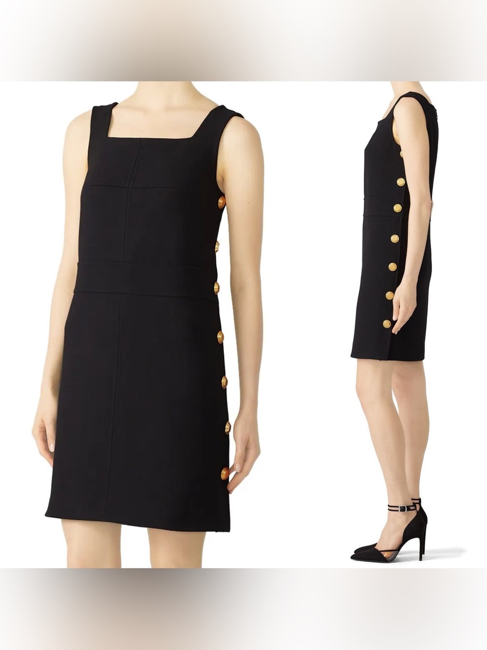 Tory Burch Millie Sleeveless Mini Shift Dress w/ Gold Buttons, Black – Size 14 - Picture 8 of 8